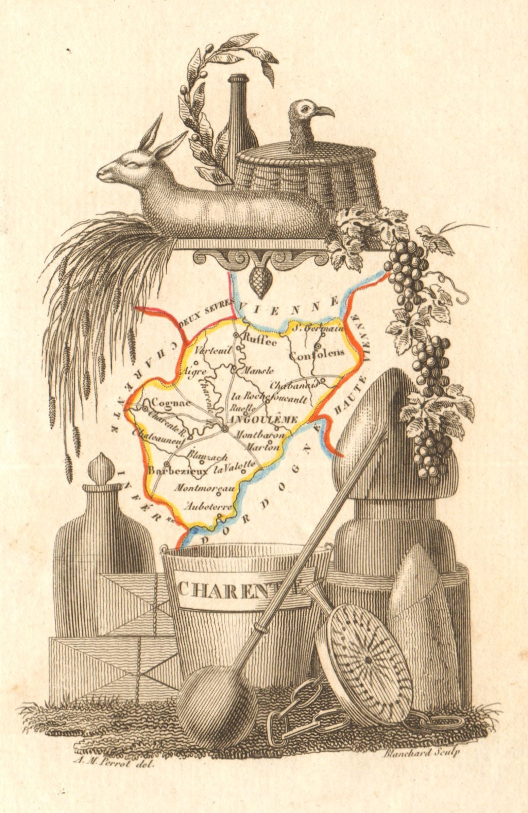 CHARENTE département. Scarce antique map/carte by A.M. PERROT 1823 old